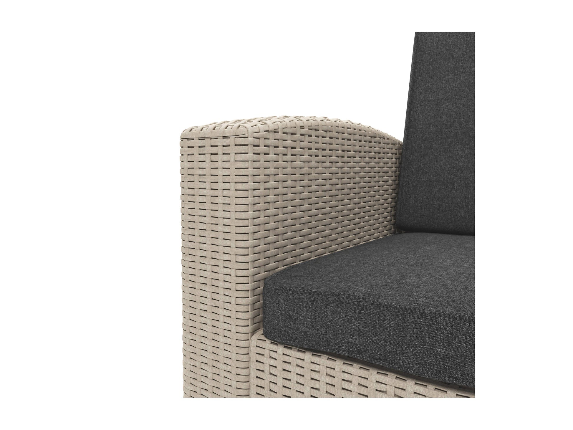 Outdoor wicker loveseat with beige cushions, featuring a sturdy aluminum frame and weather-resistant wicker material. Ideal for patio seating, this loveseat combines comfort and durability for outdoor relaxation.