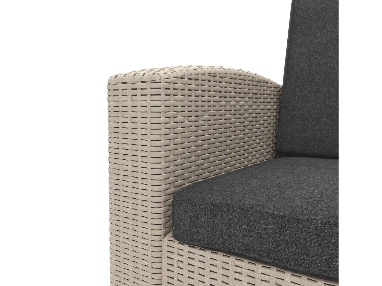 Outdoor patio conversation set with gray wicker frame, beige cushions, and tempered glass-top coffee table. Set includes a loveseat, two armchairs, and two ottomans with weather-resistant materials and plush seating.