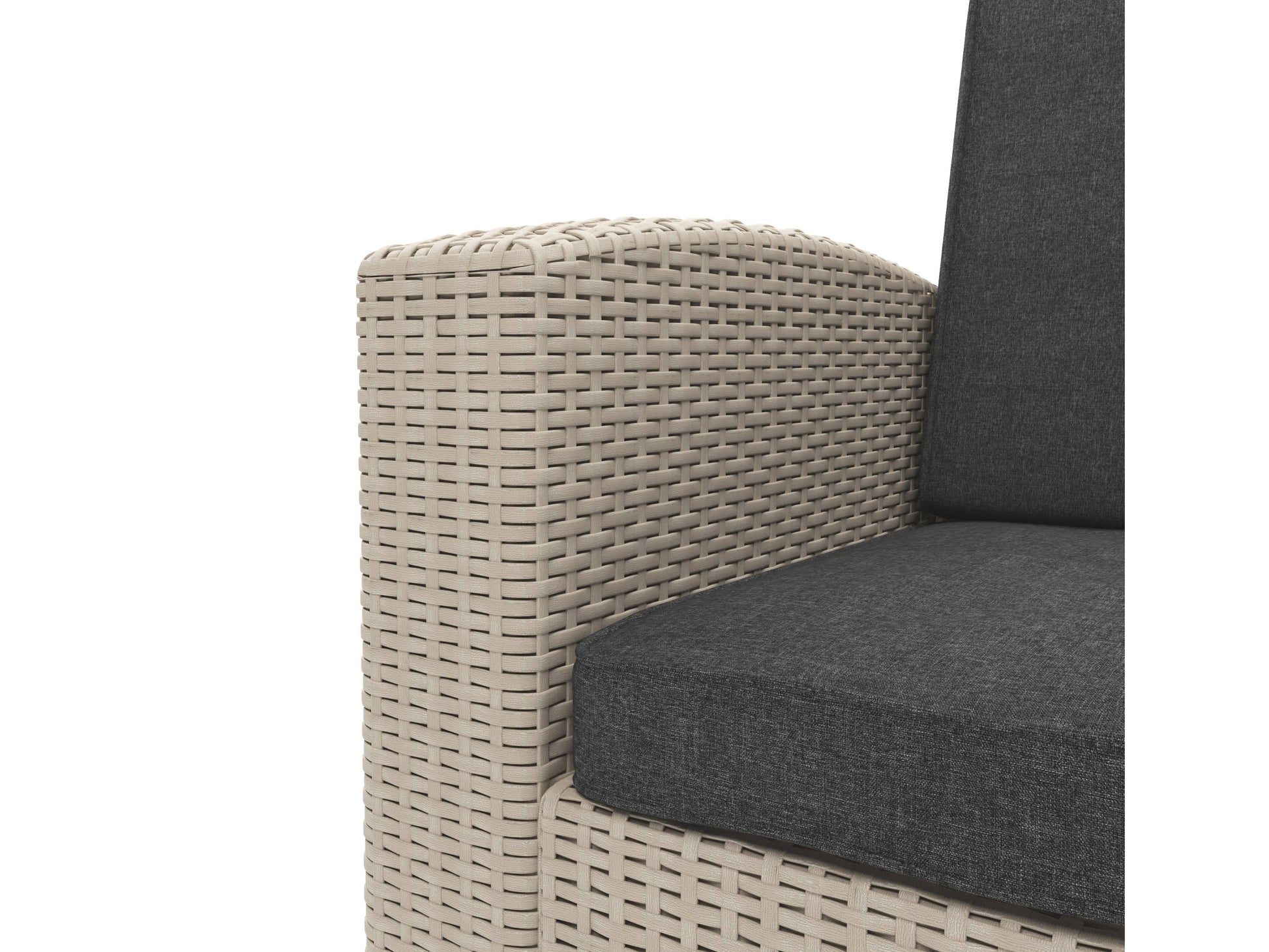 Outdoor patio conversation set with gray wicker frame, beige cushions, and tempered glass-top coffee table. Set includes a loveseat, two armchairs, and two ottomans with weather-resistant materials and plush seating.