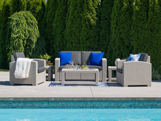 6-piece patio conversation set with gray cushions, black metal frames, and a rectangular coffee table, featuring a modern design ideal for outdoor lounging and entertaining.