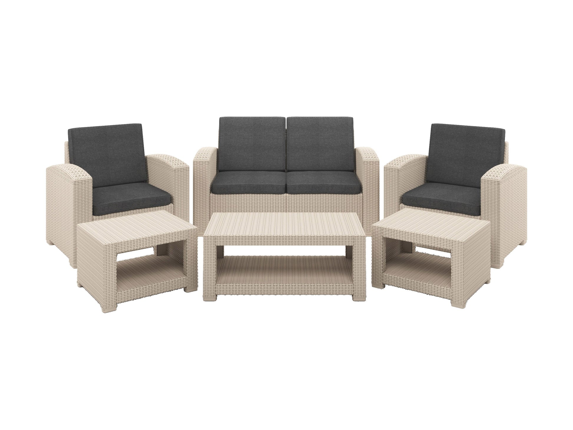 6 piece patio conversation set with gray wicker, navy blue cushions, and glass-top coffee table. Includes sofa, two armchairs, two ottomans, and a side table, perfect for outdoor lounging and entertaining.
