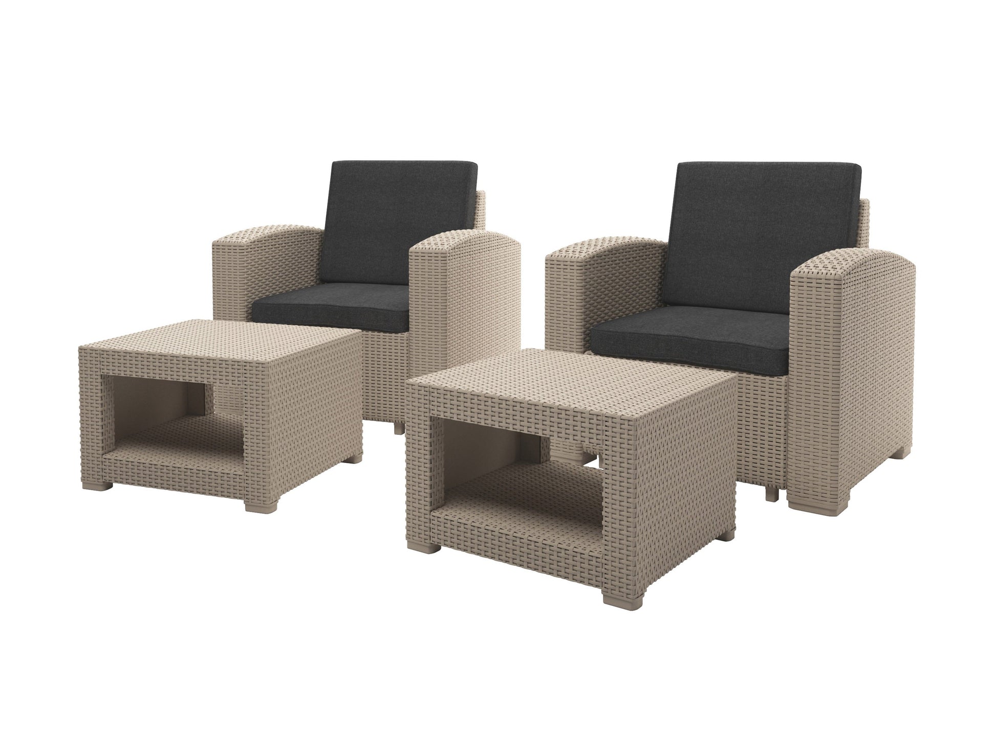 6-piece patio conversation set with gray cushions, black metal frame, and glass-top coffee table, featuring two armchairs, two ottomans, and a loveseat, perfect for outdoor relaxation and entertaining.