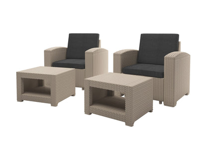 6-piece patio conversation set with gray cushions, black metal frame, and glass-top coffee table, featuring two armchairs, two ottomans, and a loveseat, perfect for outdoor relaxation and entertaining.