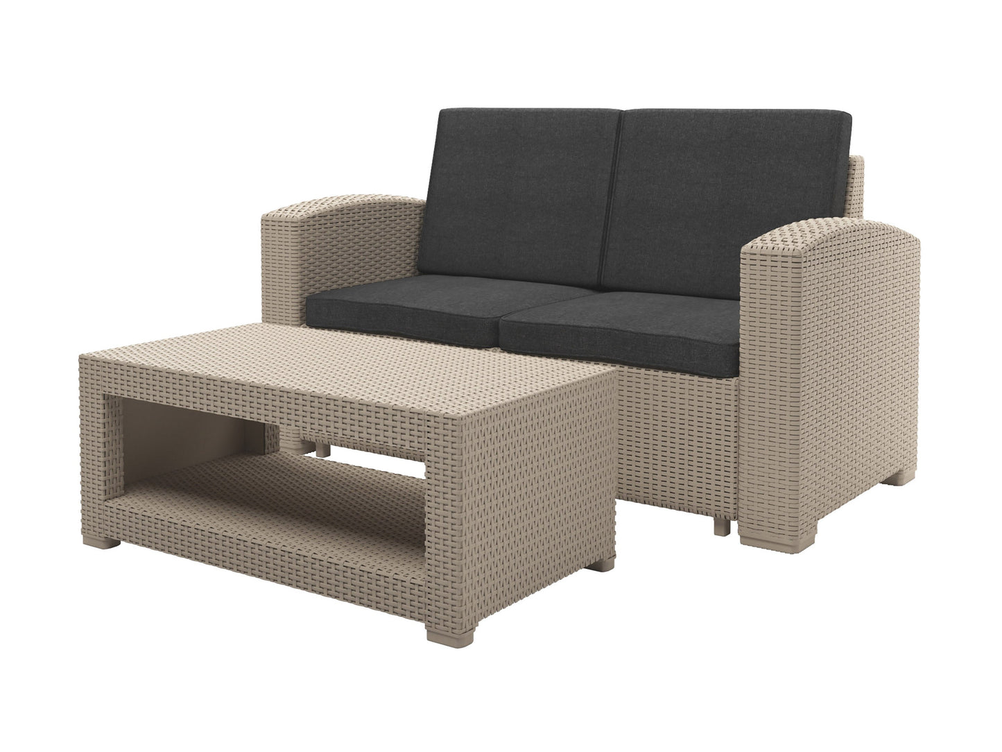 6 piece patio conversation set with beige cushions, brown wicker frames, glass-top coffee table, and two armchairs, perfect for outdoor lounging and entertaining.