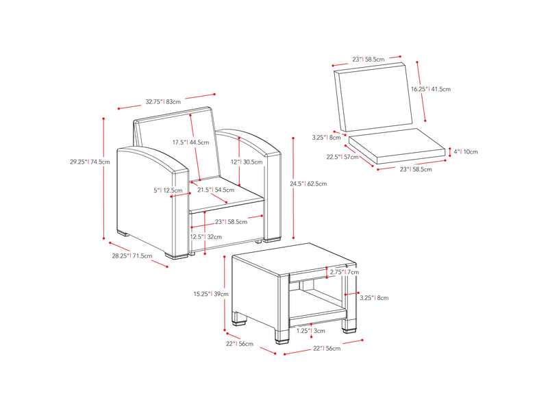 grey and black weave Outdoor Chairs with Ottoman, 4pc Patio Set Adelaide Collection measurements diagram by CorLiving