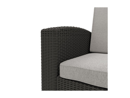 Modern 4-piece patio conversation set with two gray cushioned chairs, matching ottomans, and a sleek black metal frame, perfect for outdoor relaxation and stylish garden seating.