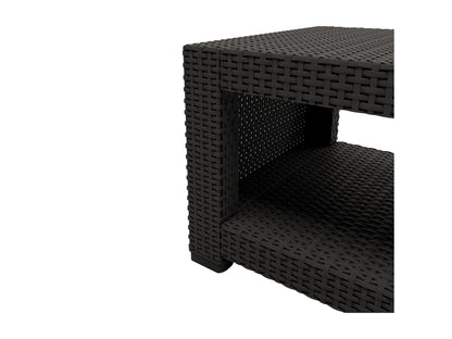 Gray wicker patio conversation set with two armchairs, a loveseat, and an ottoman, featuring plush white cushions and a modern design, perfect for outdoor lounging and entertaining.