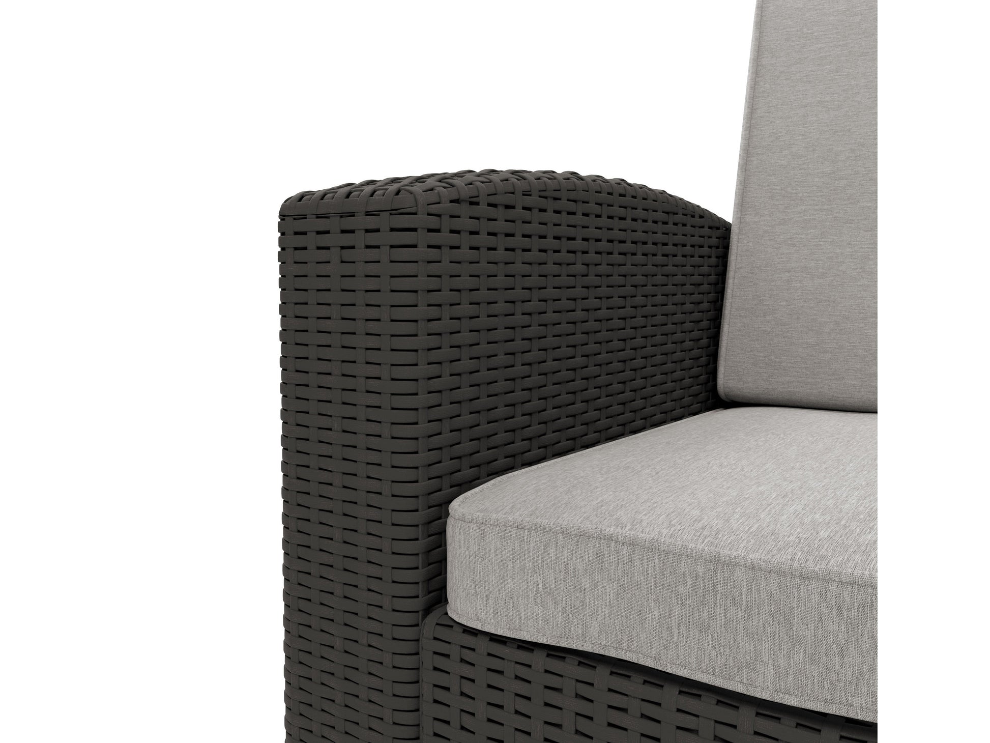 6-piece patio conversation set with gray cushions, black wicker frame, glass-top coffee table, and matching armchairs, perfect for outdoor lounging and entertaining.