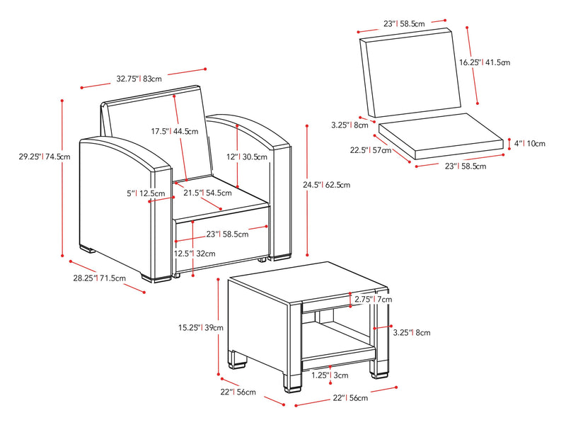 grey and black weave 6 Piece Patio Set Adelaide Collection measurements diagram by CorLiving