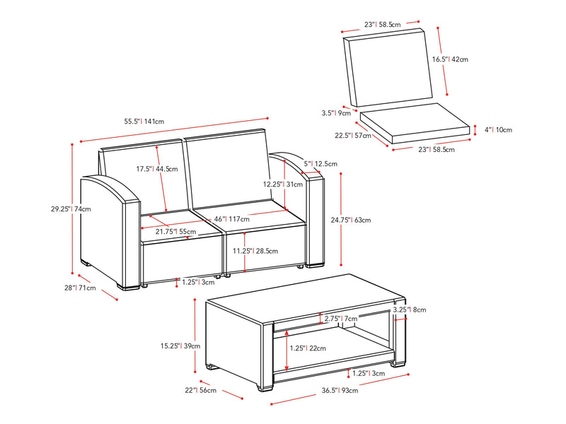 grey and black weave 6 Piece Patio Set Adelaide Collection measurements diagram by CorLiving