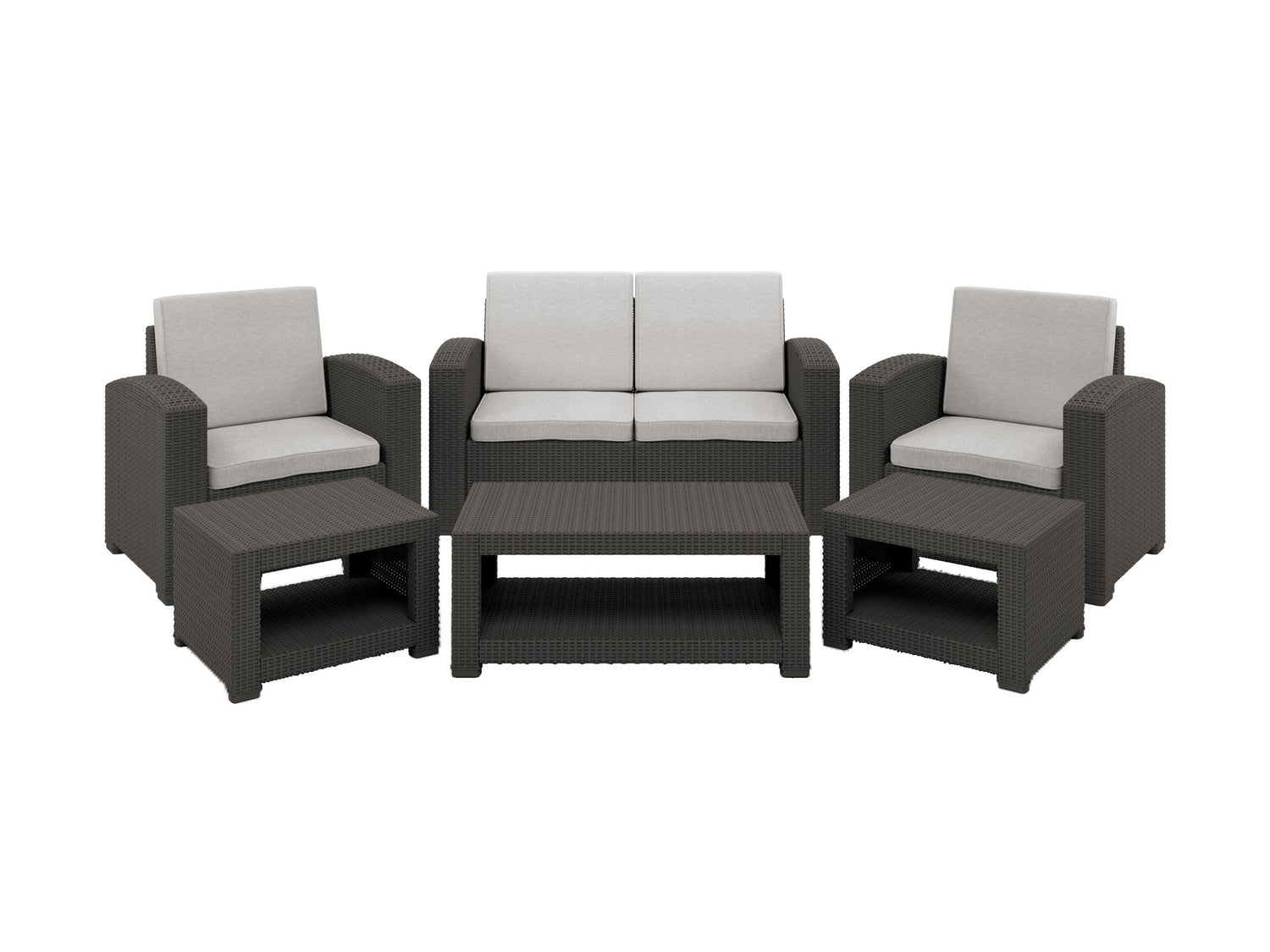 Modern 6-piece patio conversation set with gray cushions, sleek black aluminum frames, and a tempered glass coffee table, featuring comfortable chairs and a loveseat, ideal for outdoor lounging and entertaining.