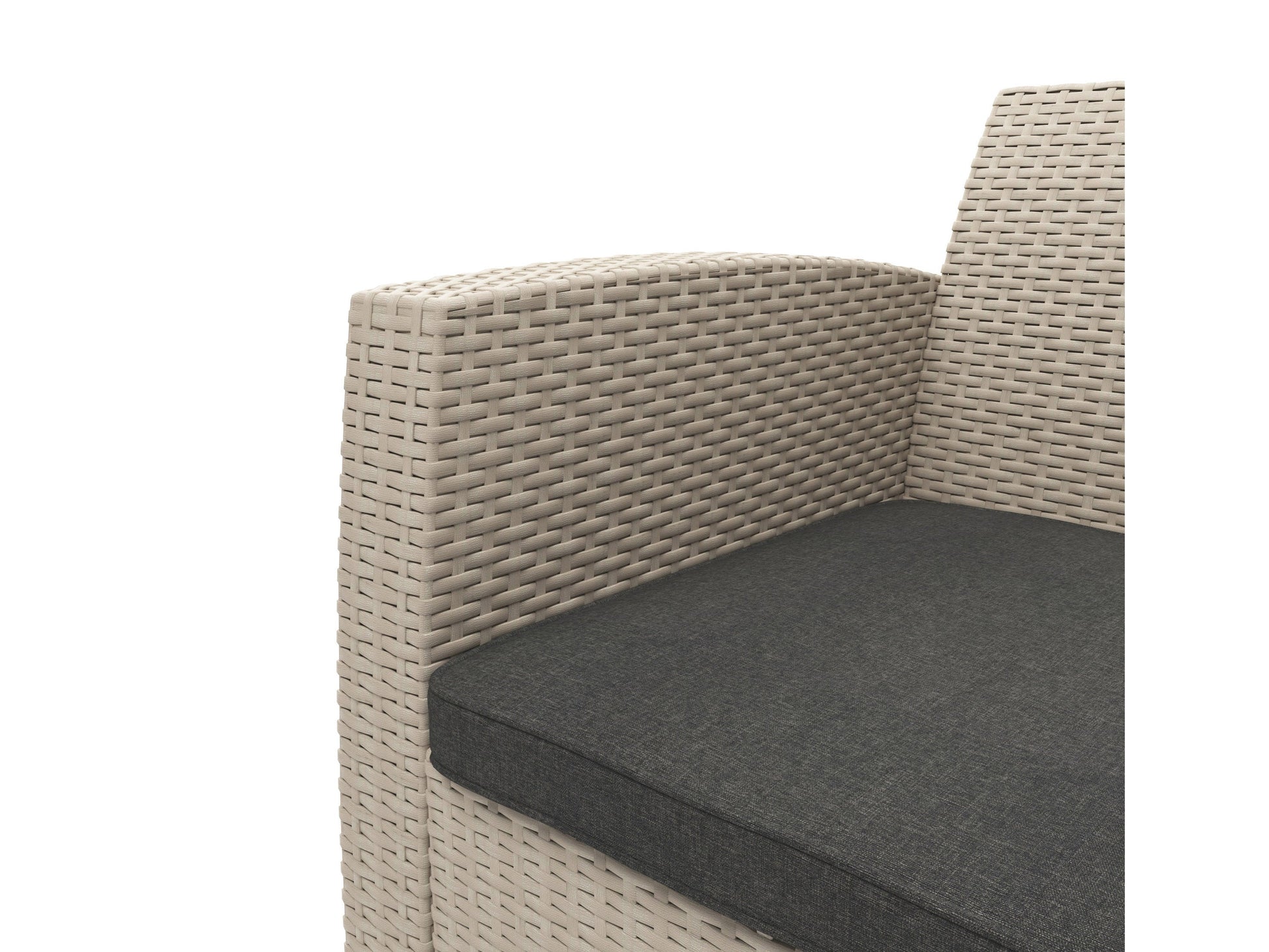 Outdoor patio conversation set, 4-piece, featuring a grey woven rattan loveseat, two matching armchairs with plush white cushions, and a rectangular glass-top coffee table.