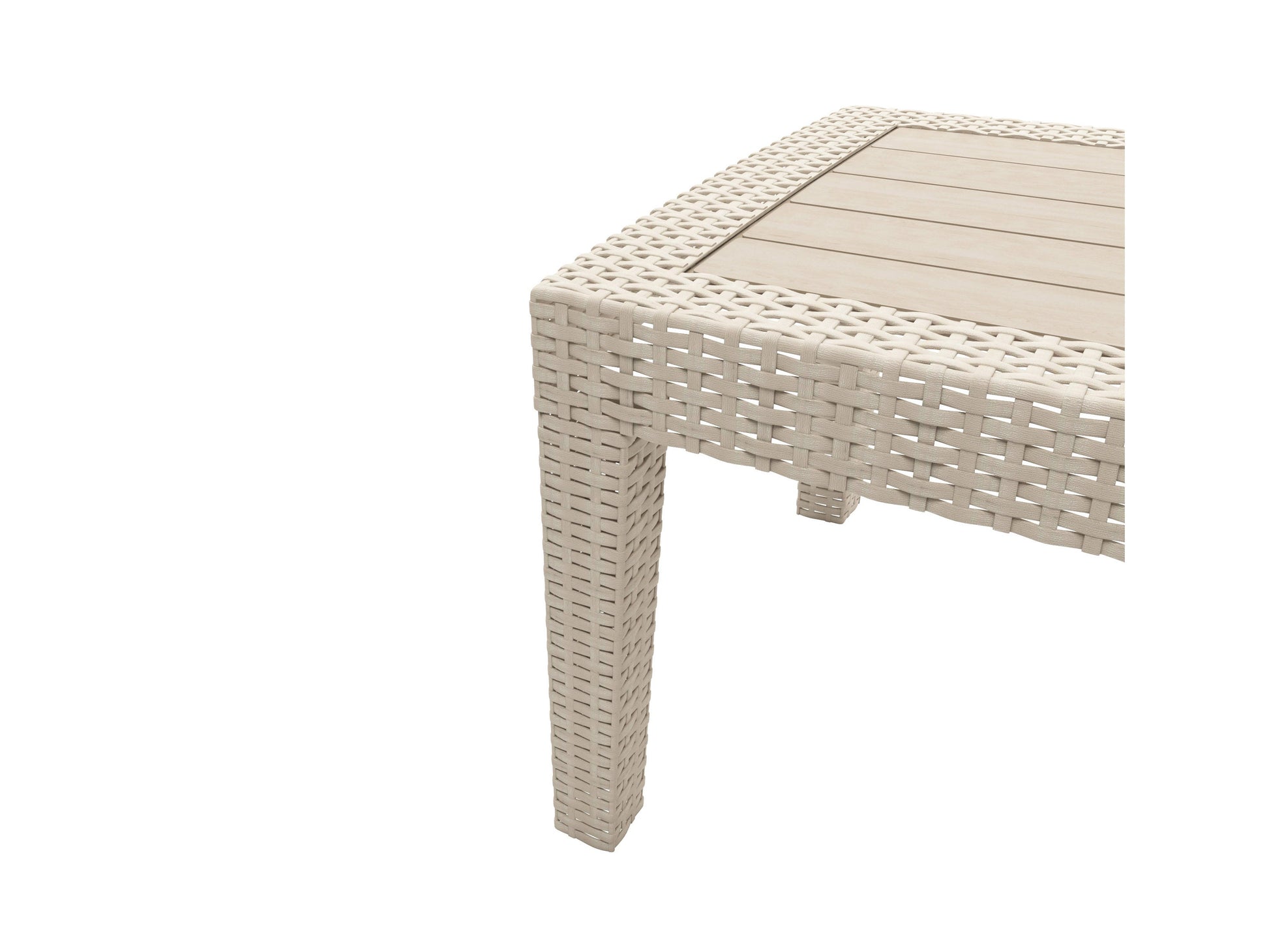 Outdoor patio conversation set with natural wood finish, featuring a 4-piece arrangement including a sofa, two armchairs, and a coffee table. Cushions are white, providing a comfortable and stylish seating area for outdoor spaces.