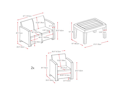 Gray 4-piece outdoor patio conversation set with cushioned seats and backrests, featuring a modern design with aluminum frames and weather-resistant wicker, includes a loveseat, two chairs, and a glass-top coffee table.