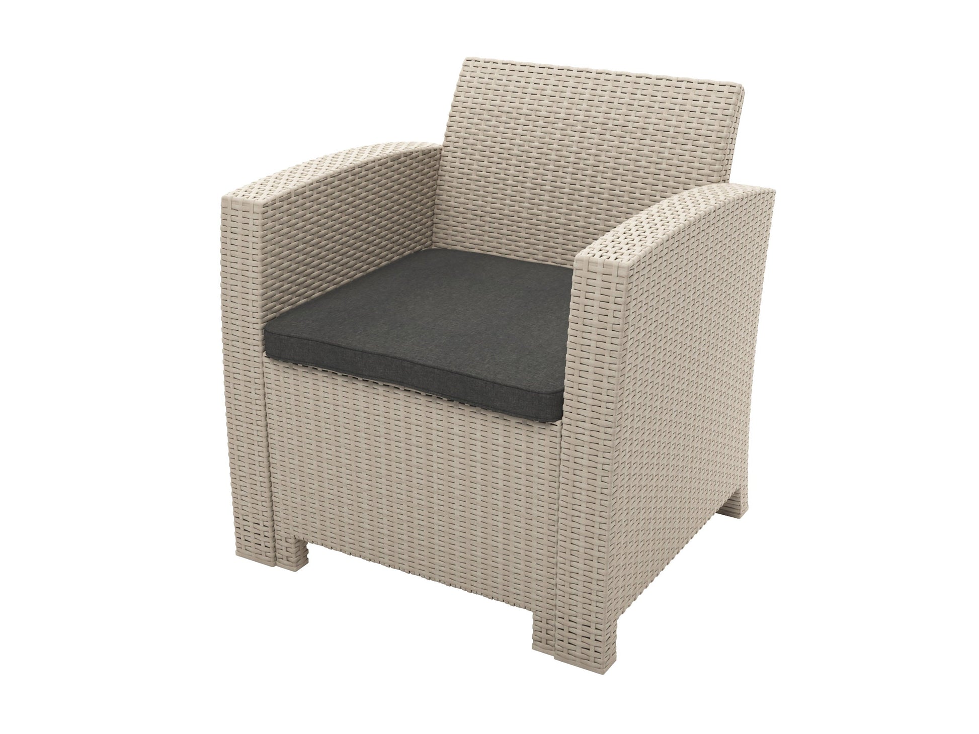 Modern outdoor patio conversation set, 4-piece, featuring gray cushioned seats with sleek black metal frames, includes a sofa, two armchairs, and a rectangular coffee table with a tempered glass top.
