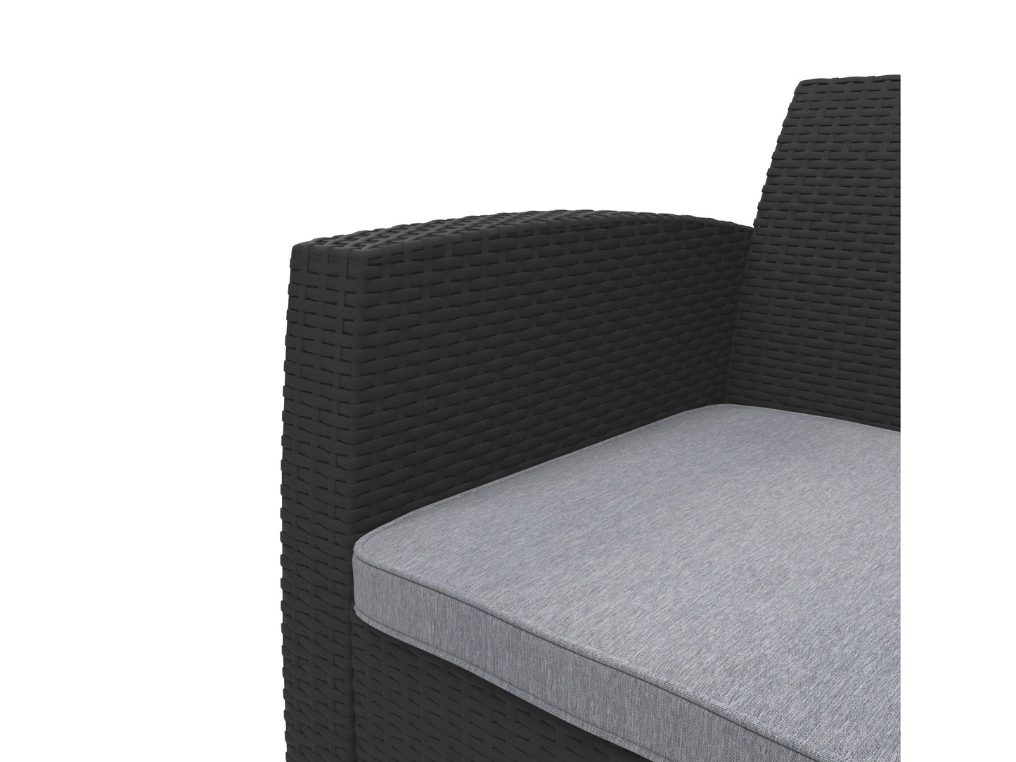 Outdoor patio conversation set, 4-piece, featuring gray wicker chairs with beige cushions, glass-top coffee table, and matching loveseat, perfect for garden or backyard lounging.