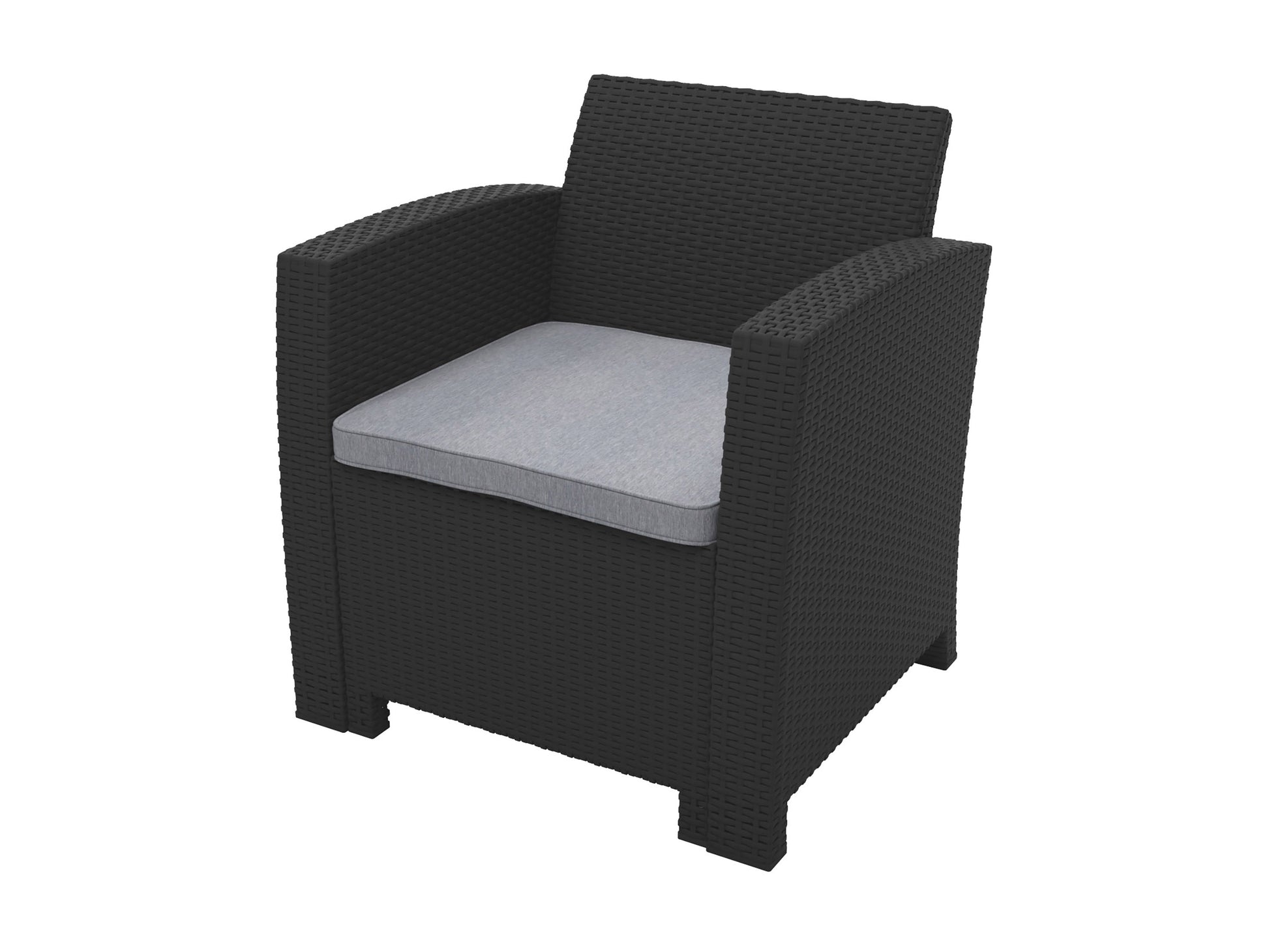 Modern 4-piece outdoor patio conversation set with beige cushions, dark brown wicker frame, includes two armchairs, a loveseat, and a coffee table with a tempered glass top, perfect for garden or deck.