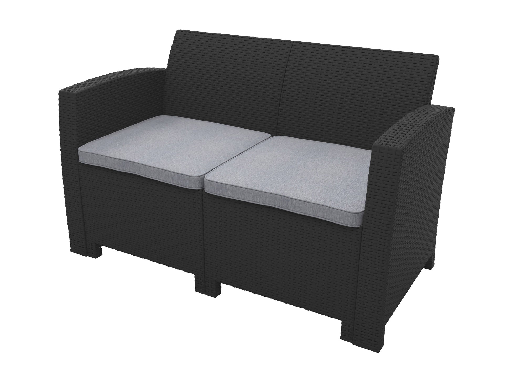 Outdoor patio conversation set, 4-piece, featuring a dark brown wicker frame with beige cushions, includes a loveseat, two armchairs, and a glass-top coffee table, perfect for garden or backyard lounging.