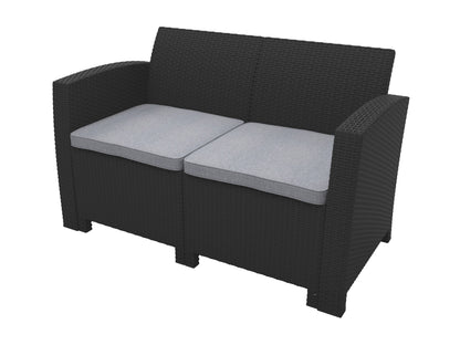 Outdoor patio conversation set, 4-piece, featuring a dark brown wicker frame with beige cushions, includes a loveseat, two armchairs, and a glass-top coffee table, perfect for garden or backyard lounging.
