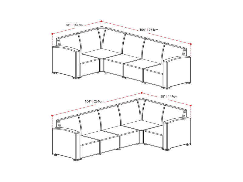 black and grey Outdoor Wicker Sectional Set, 6pc Lake Front Collection measurements diagram by CorLiving