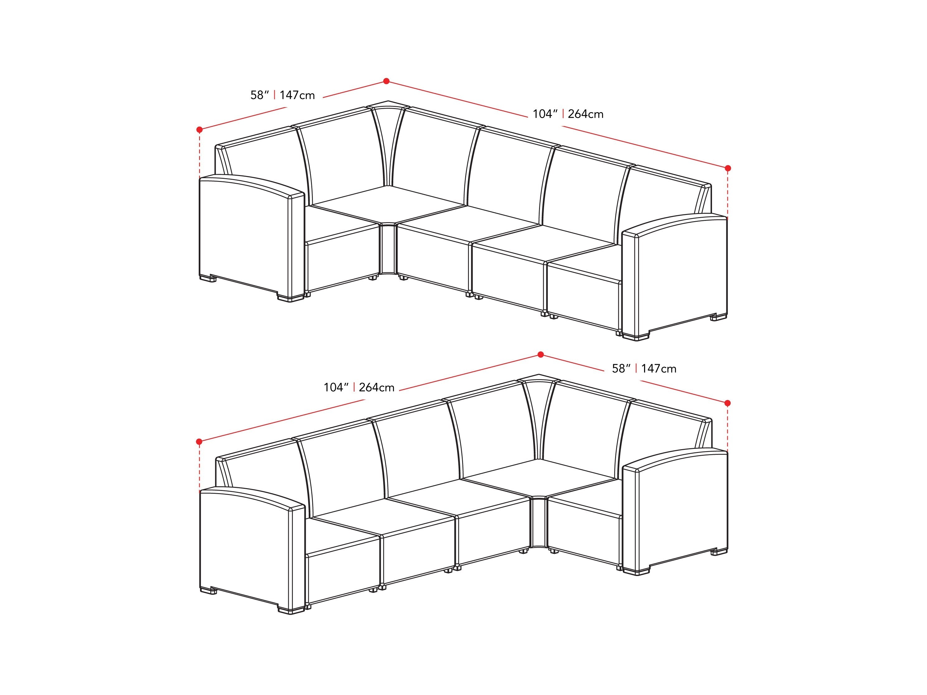 beige and black Outdoor Wicker Sectional Set, 6pc Lake Front Collection measurements diagram by CorLiving#color_beige-and-black