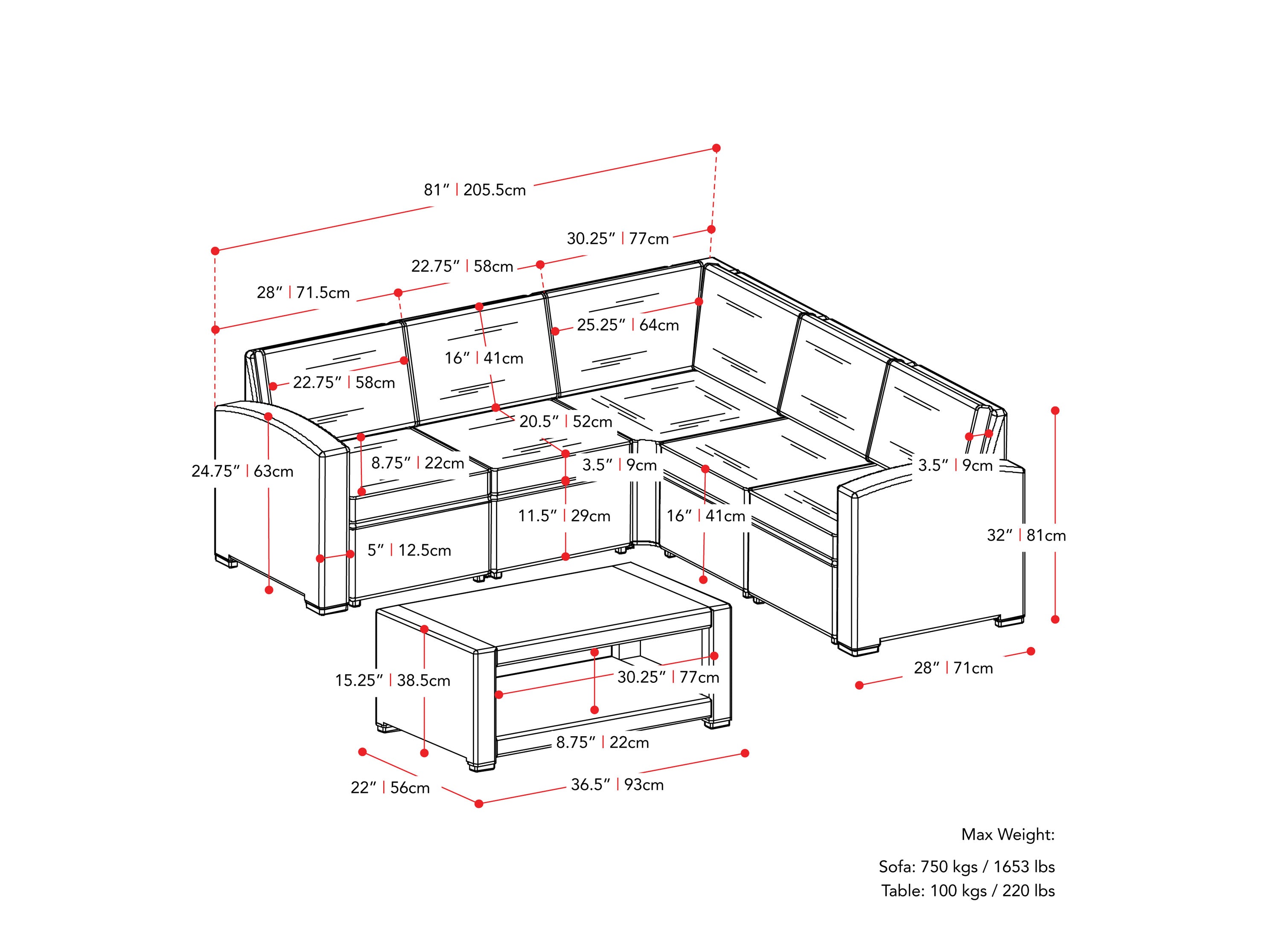beige and black Outdoor Wicker Sectional Set, 6pc Lake Front Collection measurements diagram by CorLiving#color_beige-and-black