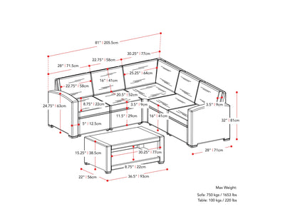 beige and black Outdoor Wicker Sectional Set, 6pc Lake Front Collection measurements diagram by CorLiving#color_beige-and-black
