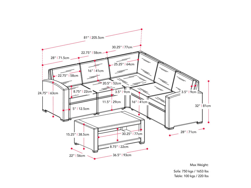 black and blue Outdoor Wicker Sectional Set, 6pc Lake Front Collection measurements diagram by CorLiving