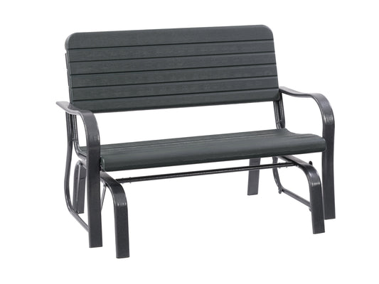 Elegant gray and white gliding patio bench with cushioned seat, slatted backrest, and sturdy metal frame, perfect for outdoor relaxation and garden decor.
