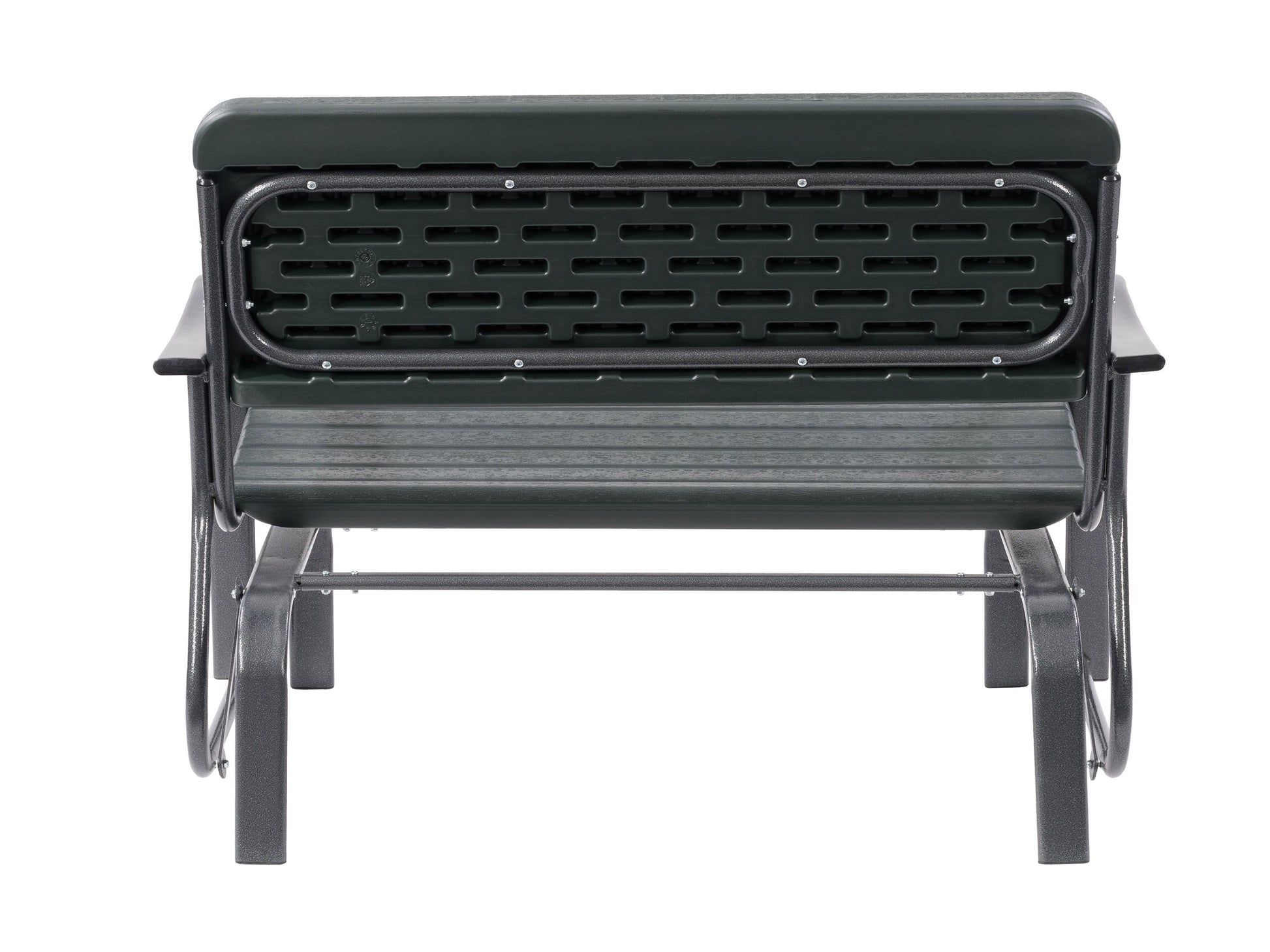 Dark gray metal gliding patio bench with slatted backrest and seat, featuring durable, weather-resistant finish and smooth gliding mechanism, perfect for outdoor relaxation and garden seating.