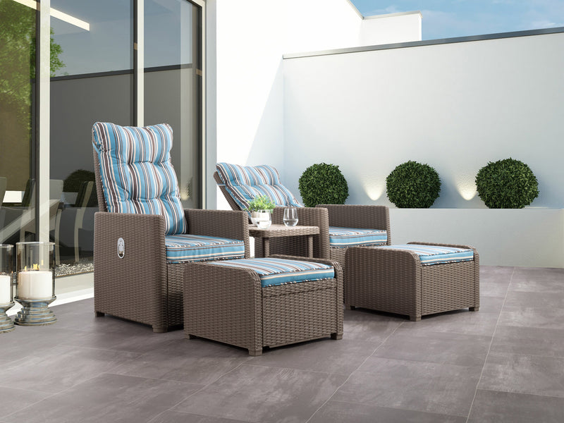 blue stripe Patio Recliner and Ottoman Set, 5pc Lake Front Collection lifestyle scene by CorLiving