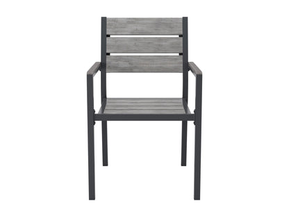 Set of 2 patio dining chairs with weather-resistant wicker, featuring beige cushions and a sturdy metal frame, perfect for outdoor dining.