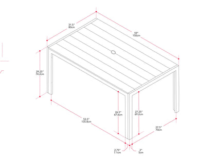 Modern rectangle outdoor dining table with sleek black metal frame and tempered glass top, ideal for patio settings. The table features a minimalist design and durable weather-resistant materials, perfect for outdoor gatherings.