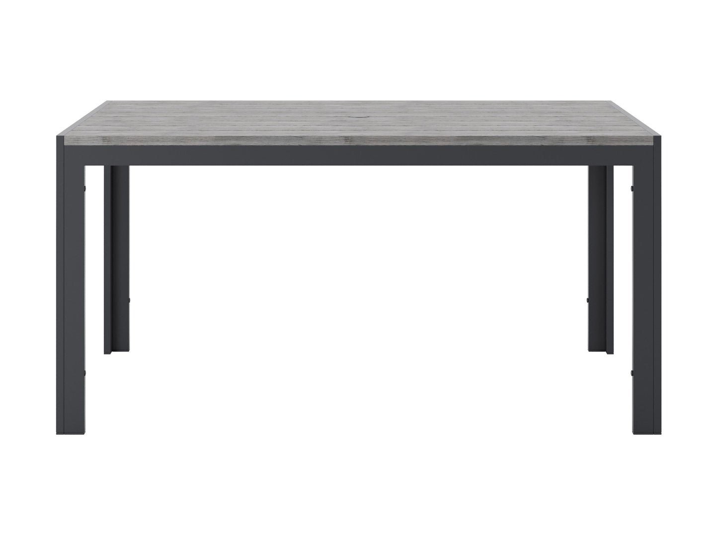 Modern rectangle outdoor dining table with sleek black metal frame and tempered glass top, ideal for patio settings. The table features a minimalist design and durable weather-resistant materials, perfect for outdoor gatherings.