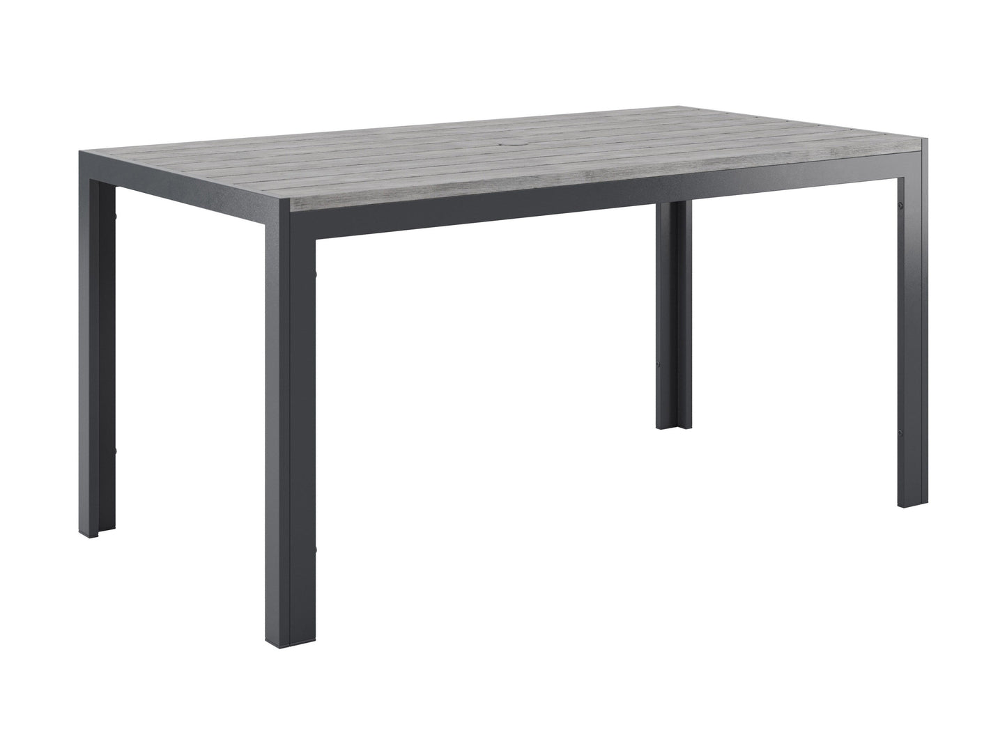 Modern rectangle outdoor dining table with sleek black metal frame and tempered glass top, ideal for patio settings. The table features a minimalist design and durable weather-resistant materials, perfect for outdoor gatherings.