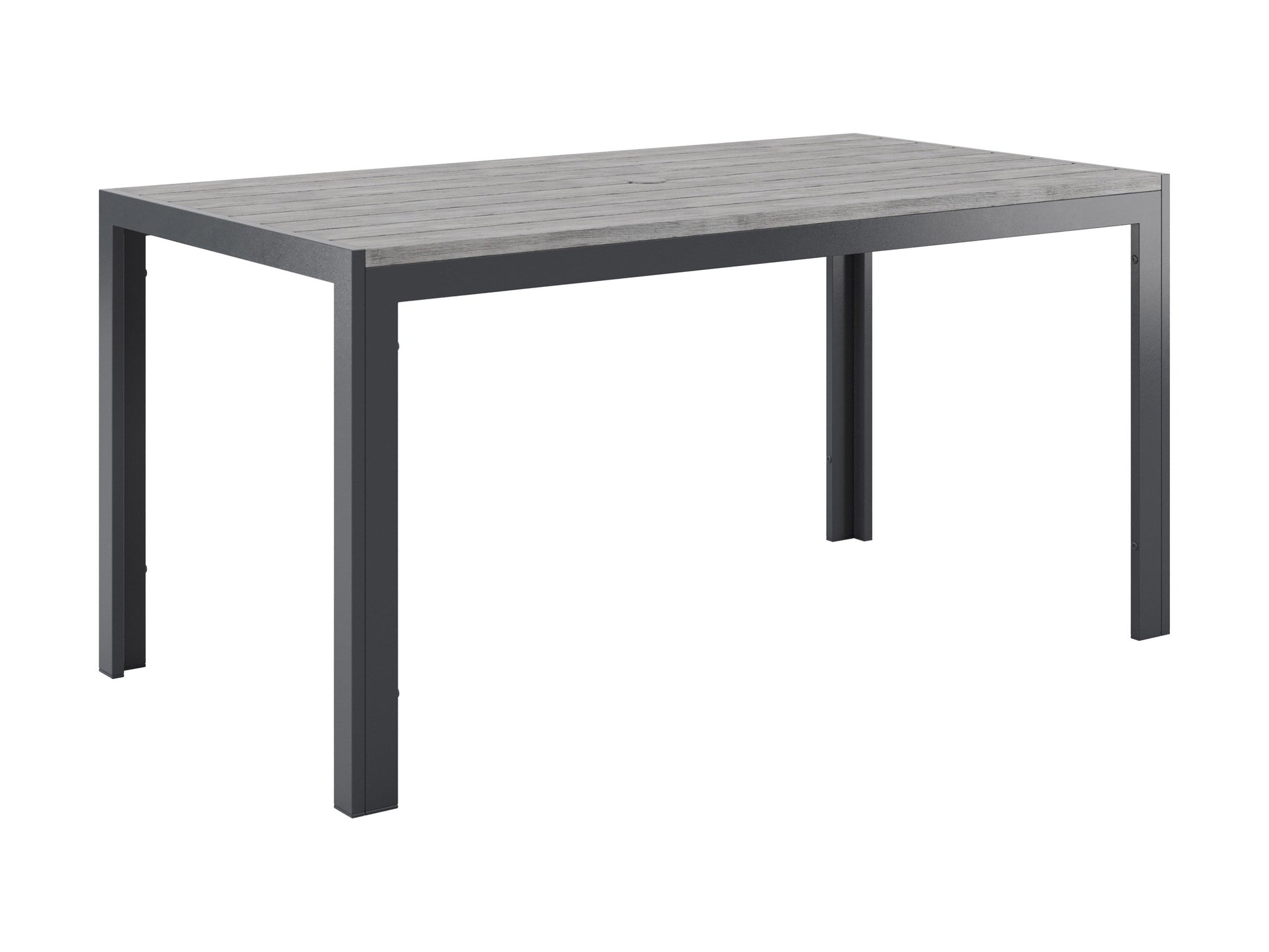 Modern rectangle outdoor dining table with sleek black metal frame and tempered glass top, ideal for patio settings. The table features a minimalist design and durable weather-resistant materials, perfect for outdoor gatherings.
