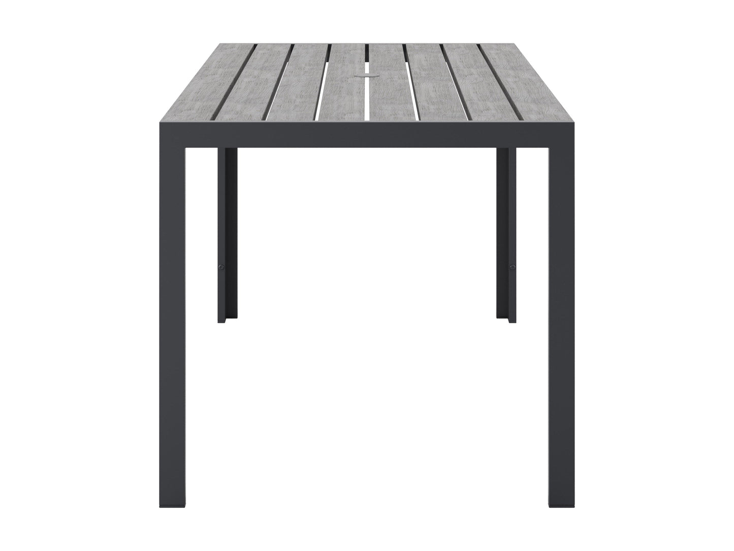 Modern rectangle outdoor dining table with sleek black metal frame and tempered glass top, ideal for patio settings. The table features a minimalist design and durable weather-resistant materials, perfect for outdoor gatherings.