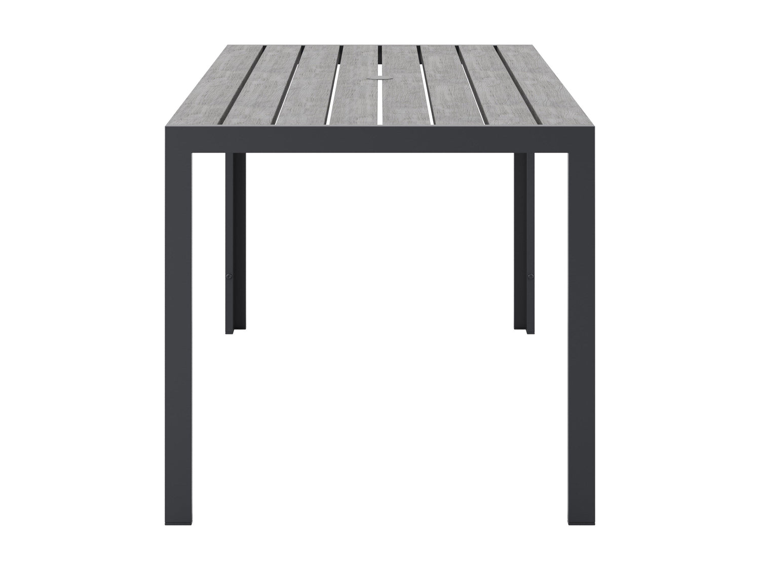 Modern rectangle outdoor dining table with sleek black metal frame and tempered glass top, ideal for patio settings. The table features a minimalist design and durable weather-resistant materials, perfect for outdoor gatherings.