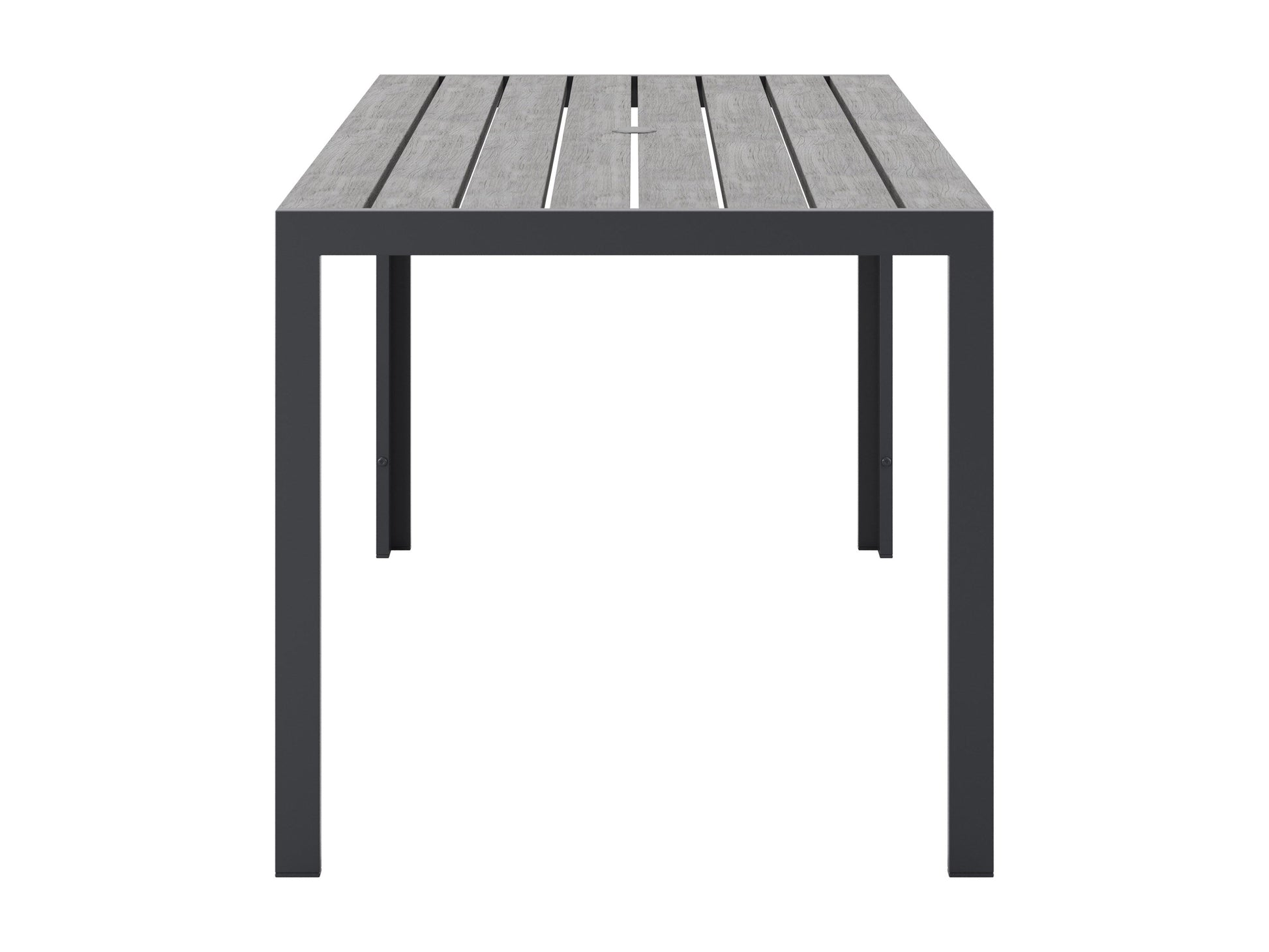 Modern rectangle outdoor dining table with sleek black metal frame and tempered glass top, ideal for patio settings. The table features a minimalist design and durable weather-resistant materials, perfect for outdoor gatherings.