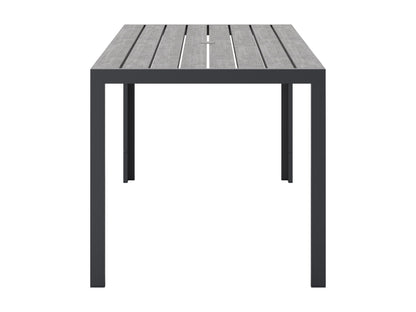 Modern rectangle outdoor dining table with sleek black metal frame and tempered glass top, ideal for patio settings. The table features a minimalist design and durable weather-resistant materials, perfect for outdoor gatherings.