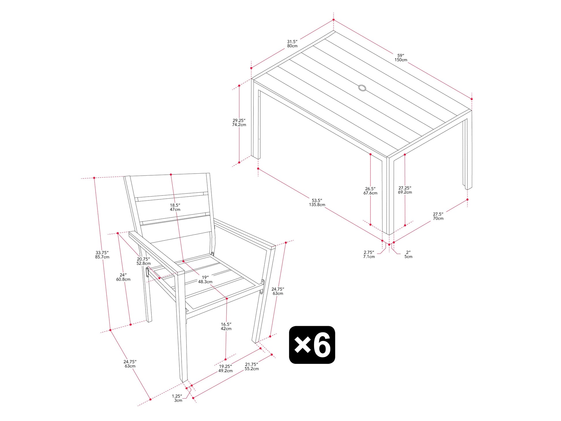 Modern outdoor patio dining set with six cushioned chairs and a rectangular wooden table, featuring a sleek black metal frame and weather-resistant materials, perfect for garden or backyard gatherings.