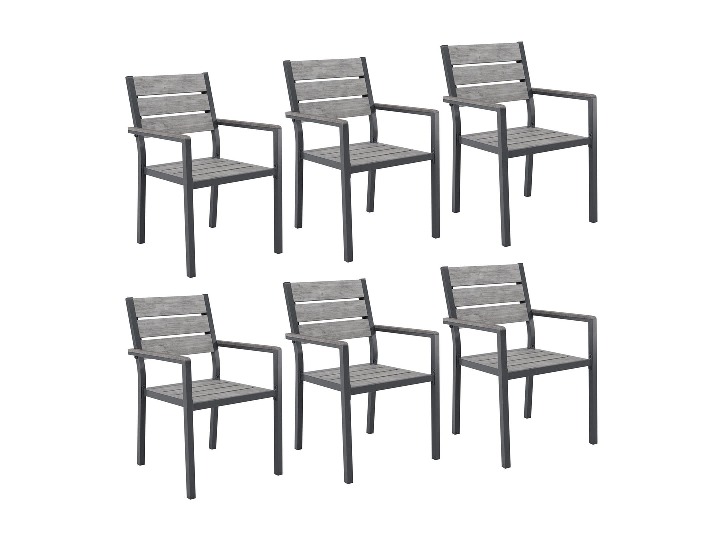 Modern outdoor patio dining set with six cushioned chairs and a rectangular wooden table, featuring a sleek black metal frame and weather-resistant materials, perfect for garden or backyard gatherings.