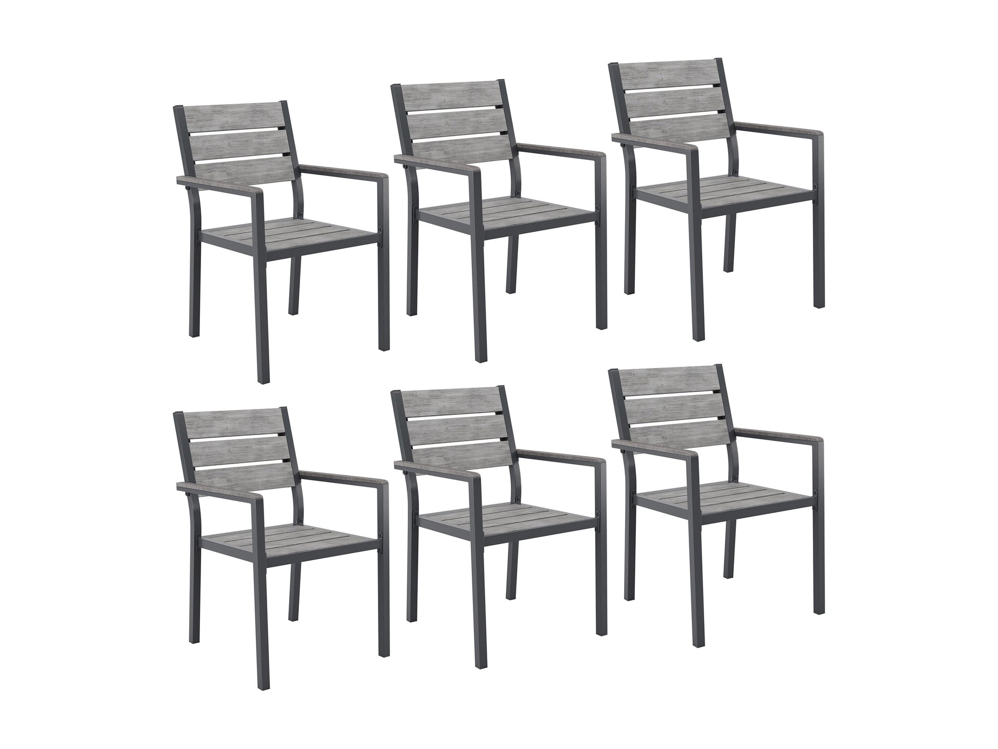 Modern outdoor patio dining set with six cushioned chairs and a rectangular wooden table, featuring a sleek black metal frame and weather-resistant materials, perfect for garden or backyard gatherings.