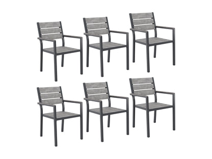 Modern outdoor patio dining set with six cushioned chairs and a rectangular wooden table, featuring a sleek black metal frame and weather-resistant materials, perfect for garden or backyard gatherings.