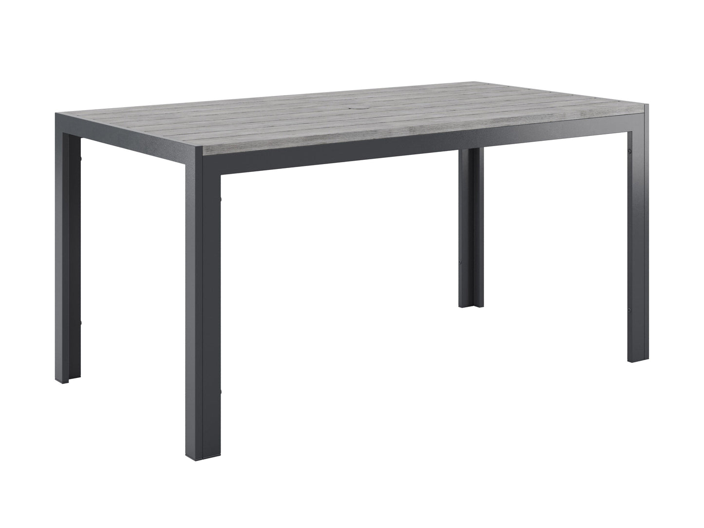 Modern outdoor patio dining set with six cushioned chairs and a rectangular wooden table, featuring a sleek black metal frame and weather-resistant materials, perfect for garden or backyard gatherings.