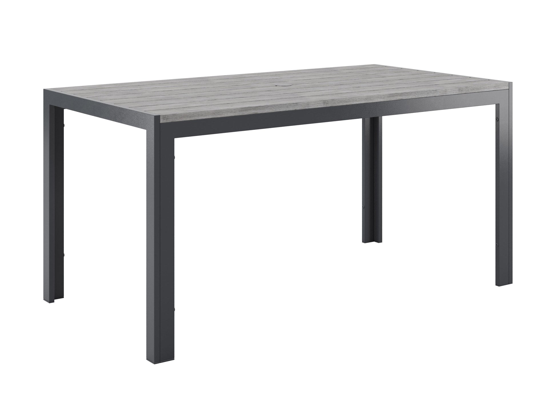 Modern outdoor patio dining set with six cushioned chairs and a rectangular wooden table, featuring a sleek black metal frame and weather-resistant materials, perfect for garden or backyard gatherings.