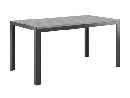 Modern outdoor patio dining set with six cushioned chairs and a rectangular wooden table, featuring a sleek black metal frame and weather-resistant materials, perfect for garden or backyard gatherings.