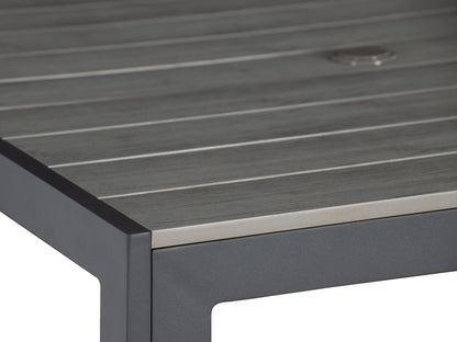 Square outdoor dining table with weather-resistant gray wicker frame, tempered glass top, and sturdy metal legs, perfect for patio or garden settings. Ideal for outdoor dining and entertaining.