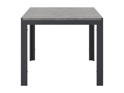 Square outdoor dining table with weather-resistant gray wicker frame, tempered glass top, and sturdy metal legs, perfect for patio or garden settings. Ideal for outdoor dining and entertaining.