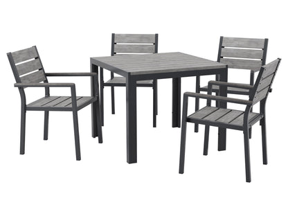 Modern outdoor dining set with a rectangular, glass-top table and four cushioned chairs in beige and brown wicker. Durable, weather-resistant materials perfect for patio or garden dining. Elegant and comfortable design.